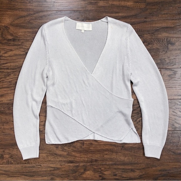 Michelle Mason • Cross Wrap Sweater top metallic silver grey surplice knit drape - Picture 2 of 12